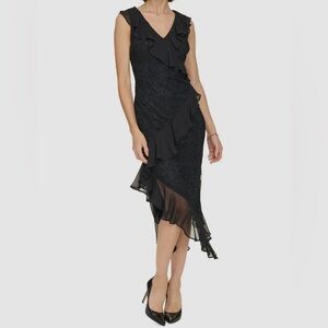 Tommy Hilfiger Women's Black V-Neck Chiffon-Ruffled Lace Dress Size 4